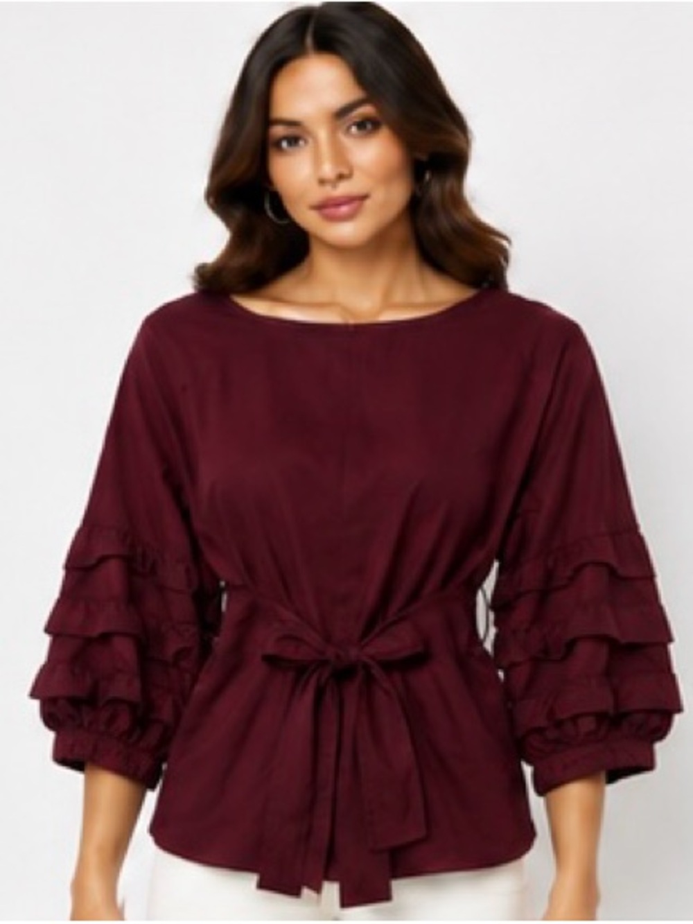 IRIS Los Angeles Burgundy Cotton Tie-Waist Ruffle Sleeve Blouse Top S NWT